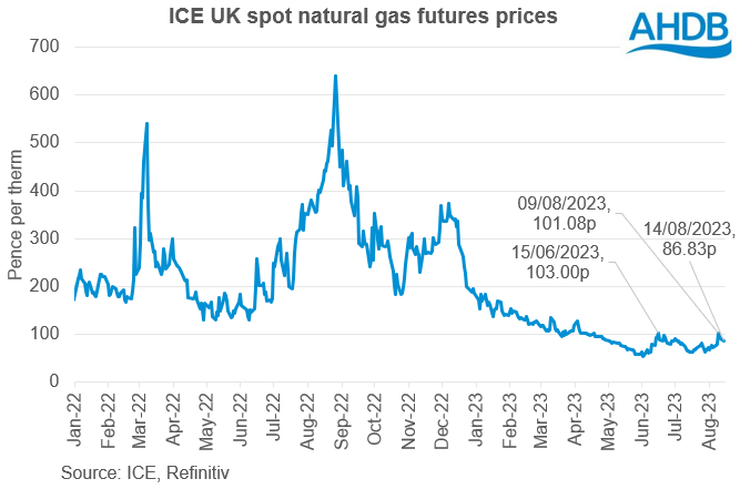 Chart of spot UK natural gas futures prices